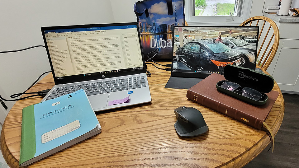 My writing setup, staying at a friends cottage on a lake for a few days