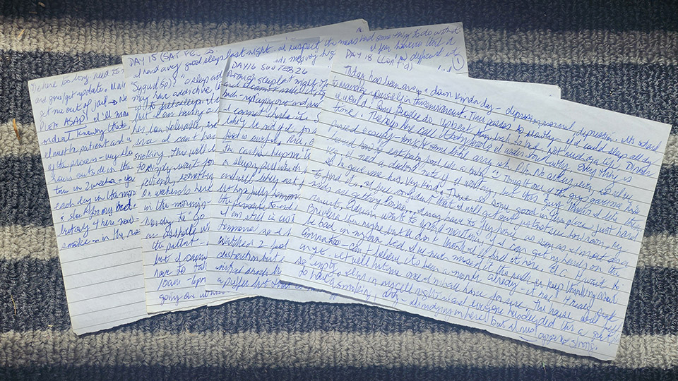 First few scraps of paper I got on Day 14; used to record the events of the previous two weeks